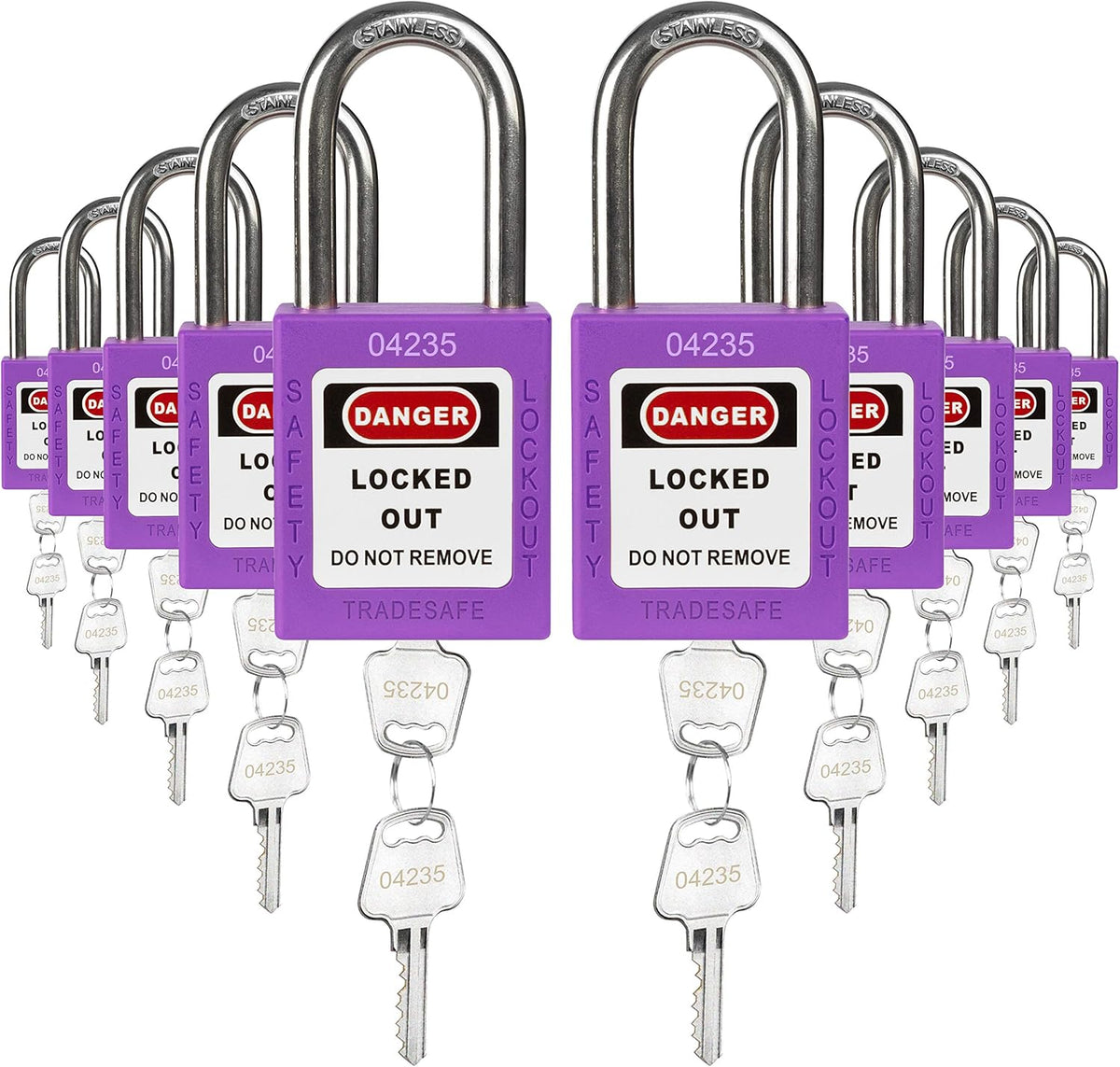 Green Keyed Alike Safety Padlocks, 10 Pack, 2 Keys Per Lock O890