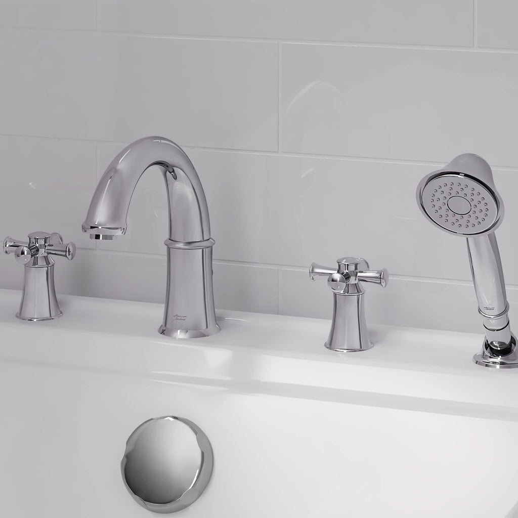 Polished Chrom Double Handle Deck Mounted Roman Tub Faucet Trim with Handshower Z11419