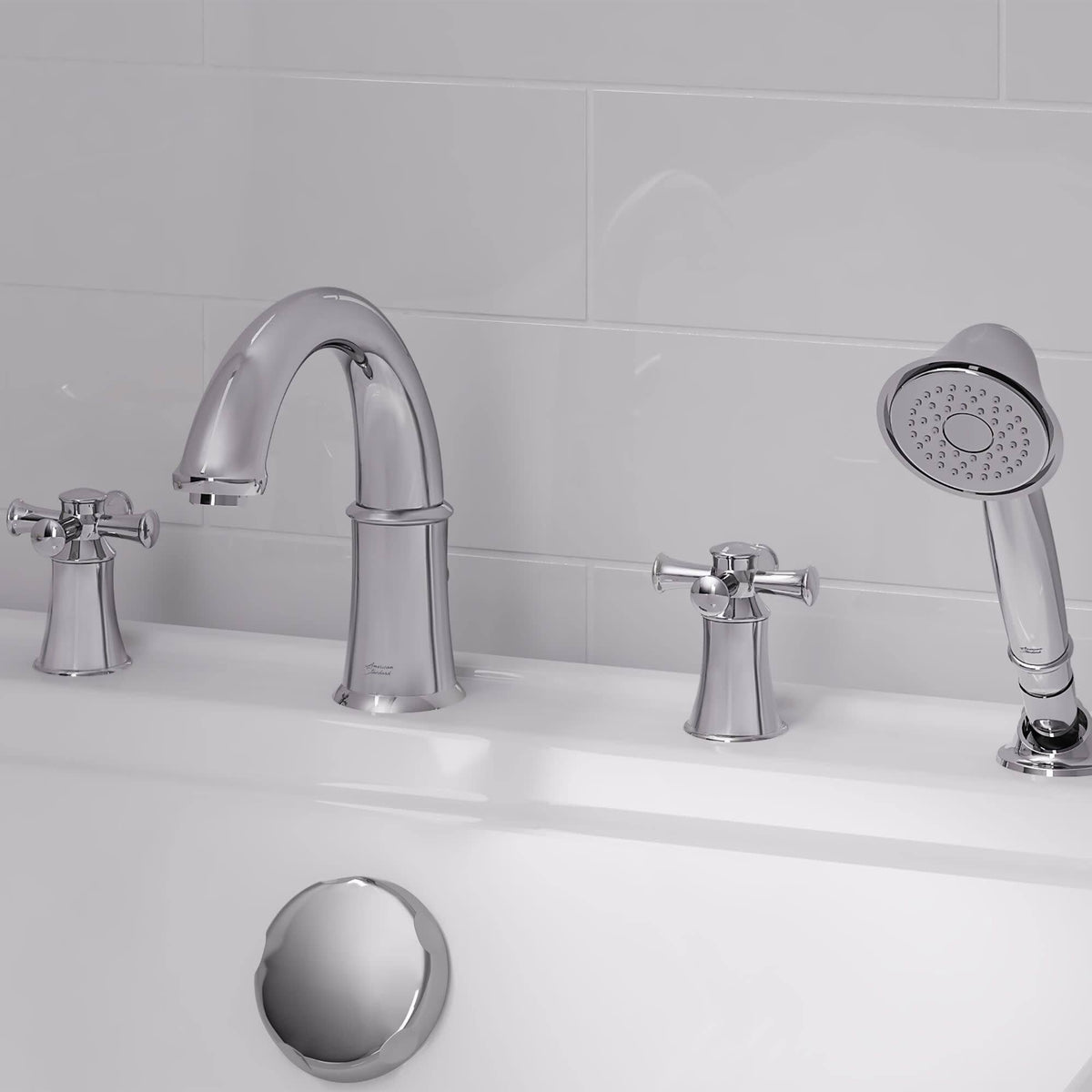 Polished Chrom Double Handle Deck Mounted Roman Tub Faucet Trim with Handshower Z11419