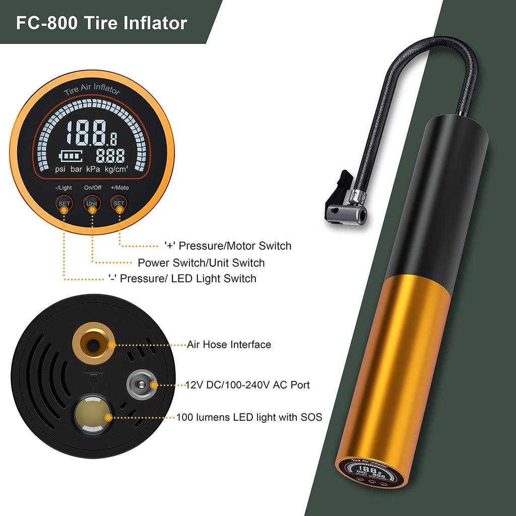 3000mAh Portable Wireless Rechargeable Bike Tire Pump with Digital Pressure Gauge, 140PSI, Pack of 2 Y376250