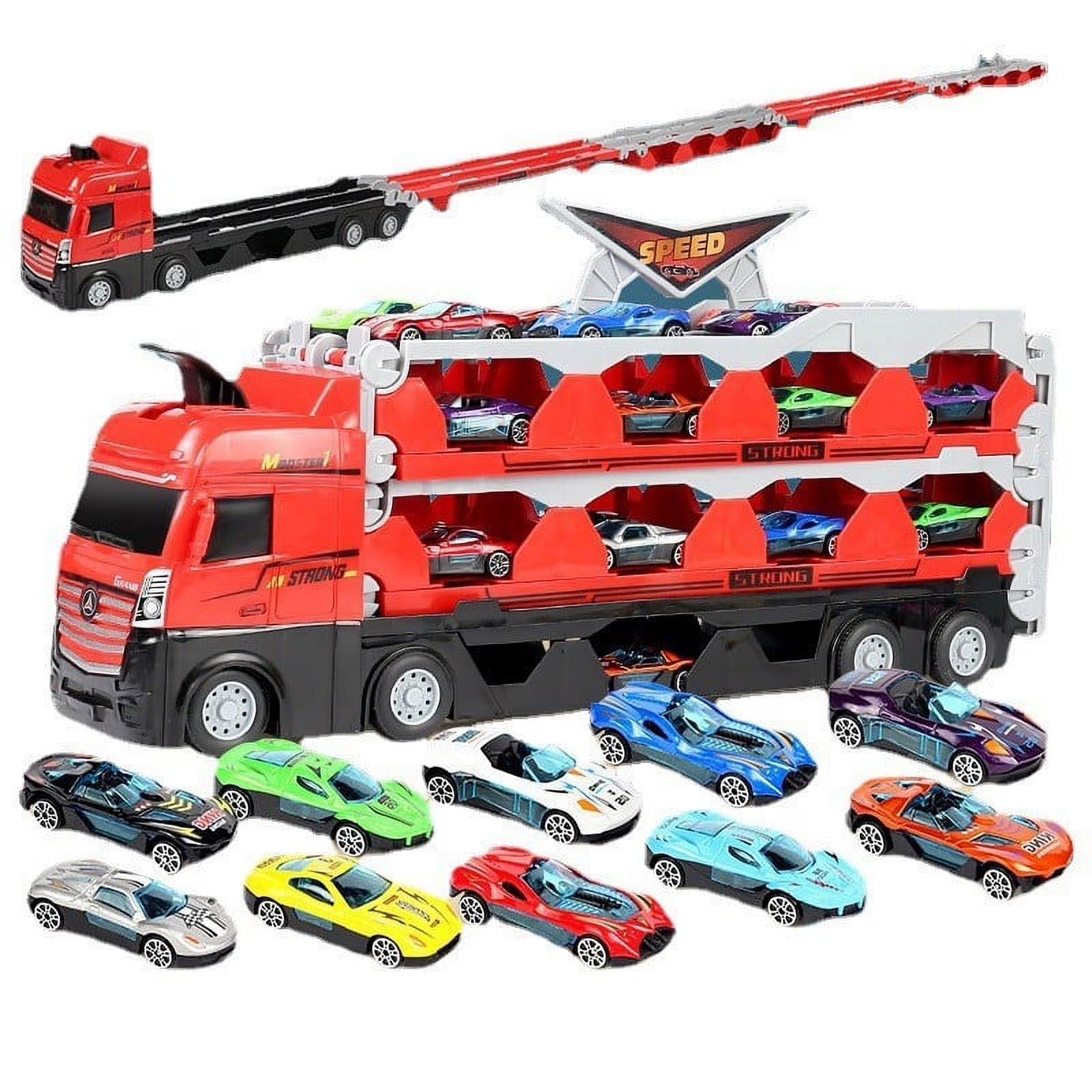 Mega Hauler Truck with Ejection Race Track, Folding Storage Transporter Toy with 8 Cars L30821