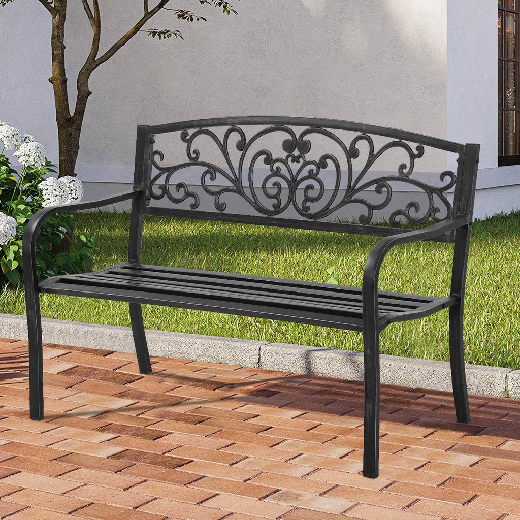 Black Steel Patio Bench with Back and Cast Iron Armrest I119150