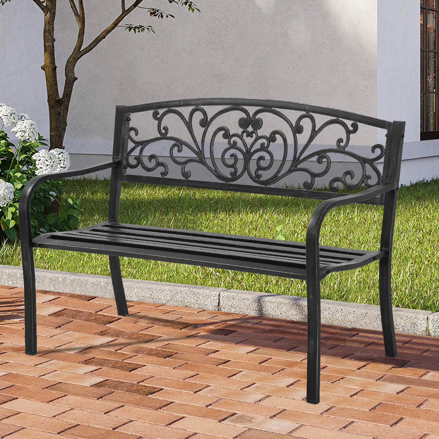 Black Steel Patio Bench with Back and Cast Iron Armrest I119150