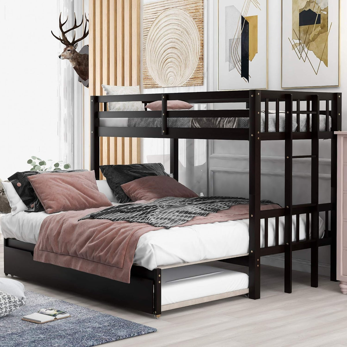 Twin Over Pull-Out Bunk Bed with Two Drawers Wooden Gray D5631