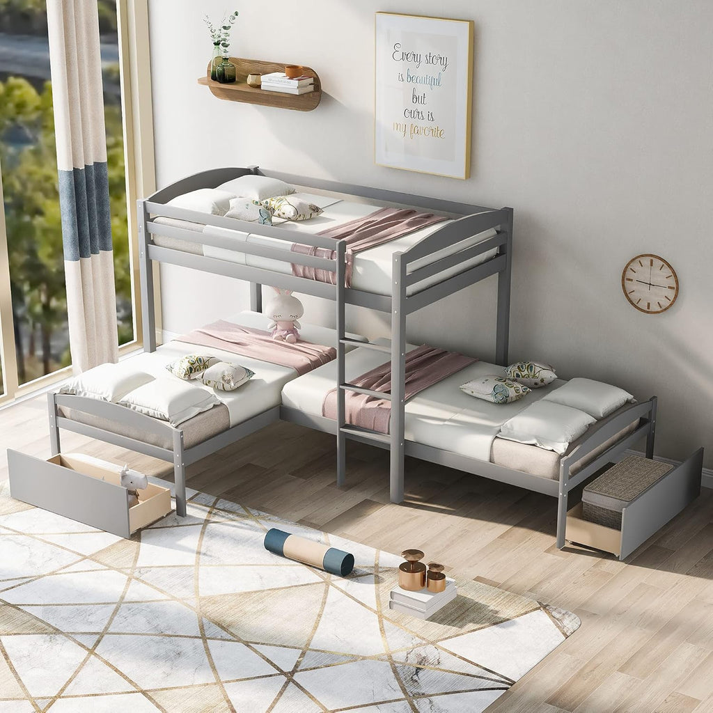Grey Wood Twin Over Twin Bunk Beds with Storage Staircase and Guardrails C130