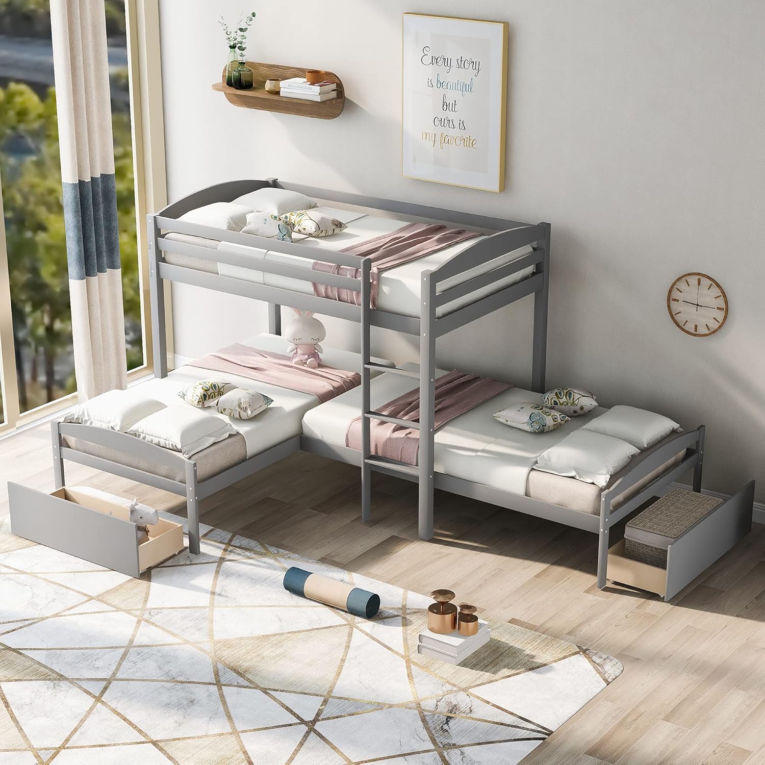 Grey Wood Twin Over Twin Bunk Beds with Storage Staircase and Guardrails C130