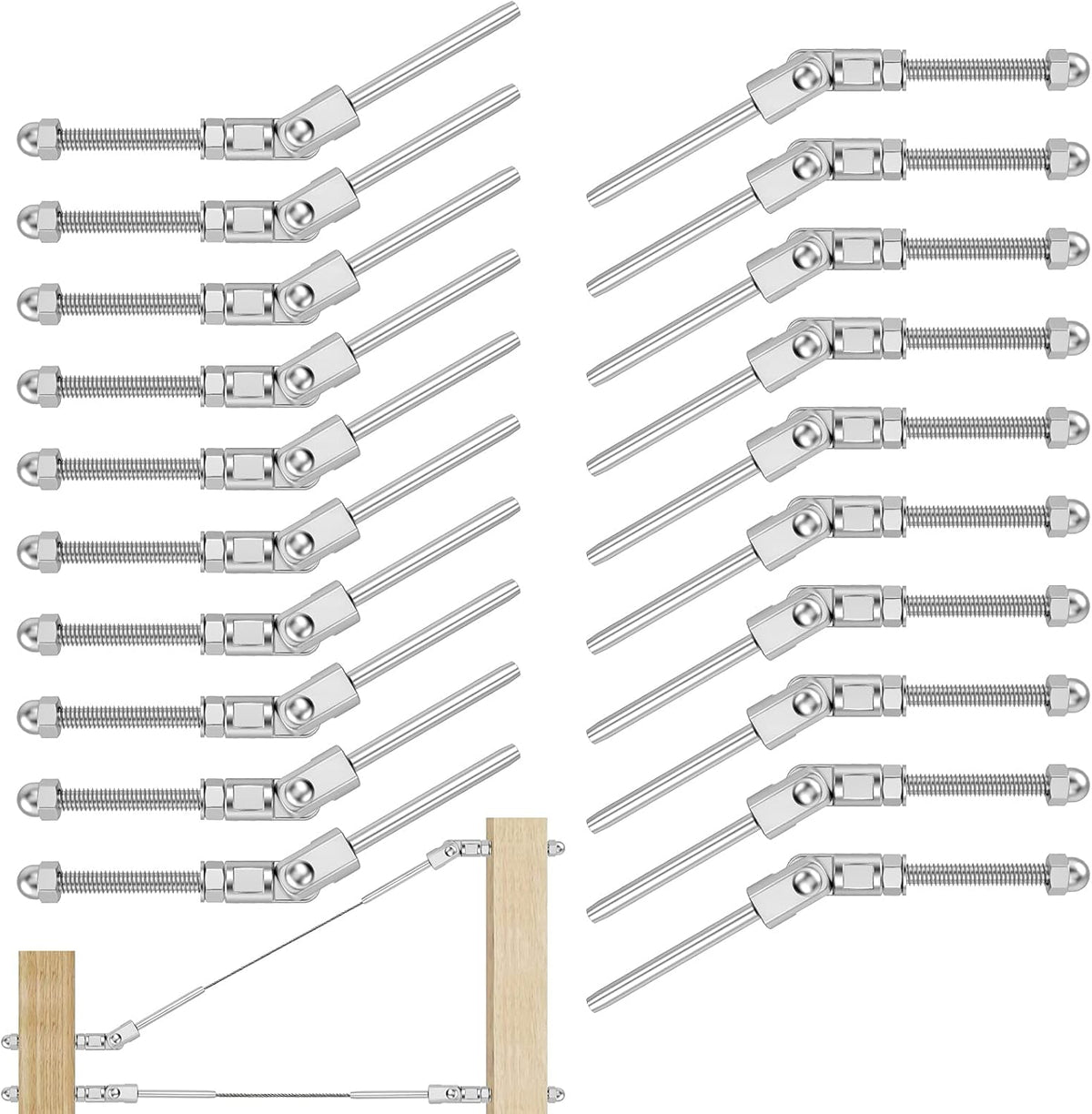20 Pack T316 Stainless Steel 180° Adjustable Angle Cable Railing Swage Threaded Stud Tension End Fitting for 1/8 Wire Rope Hardware Wood Post Pack of 2 V28934