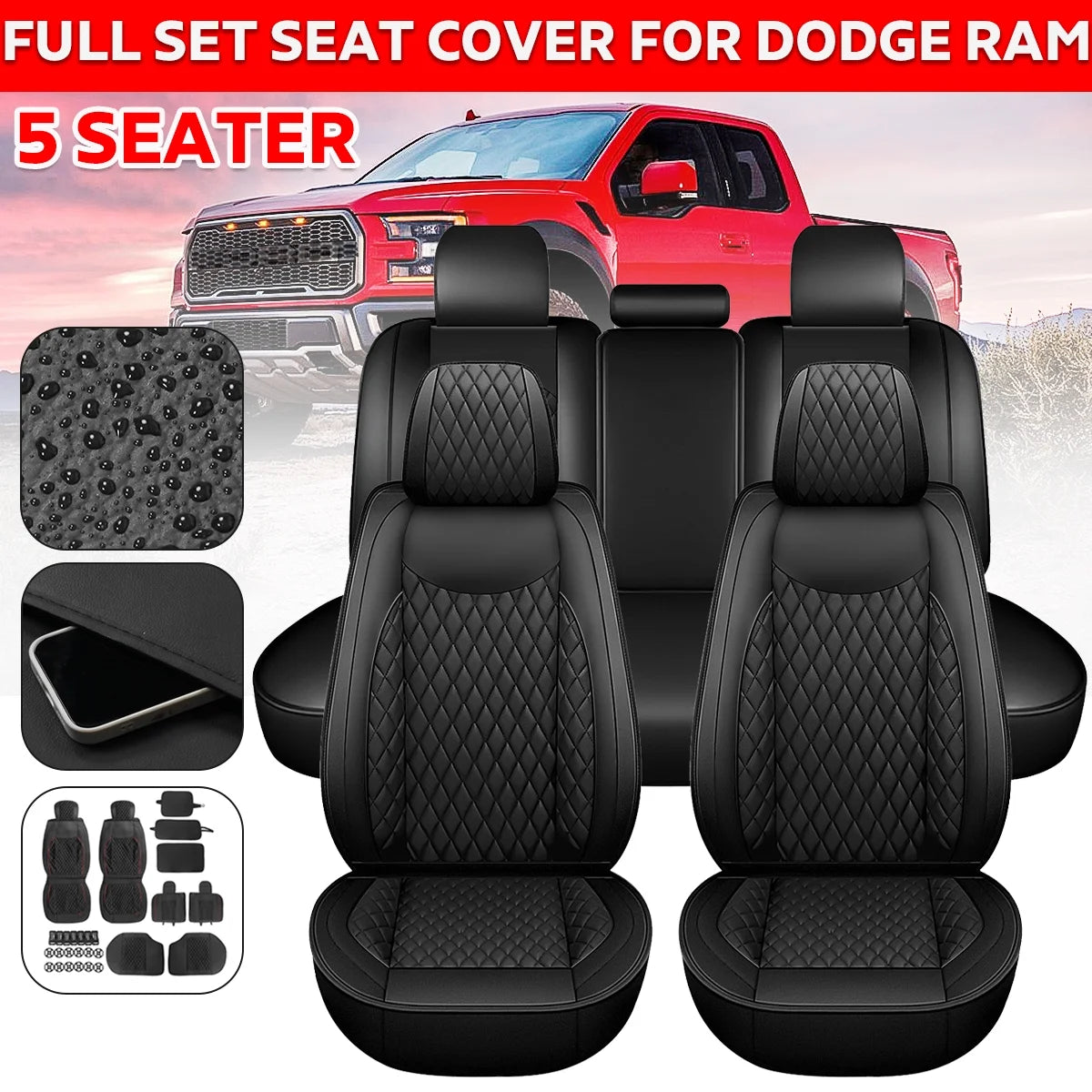 Black Waterproof Leather Full Set Car Seat Cover L550266