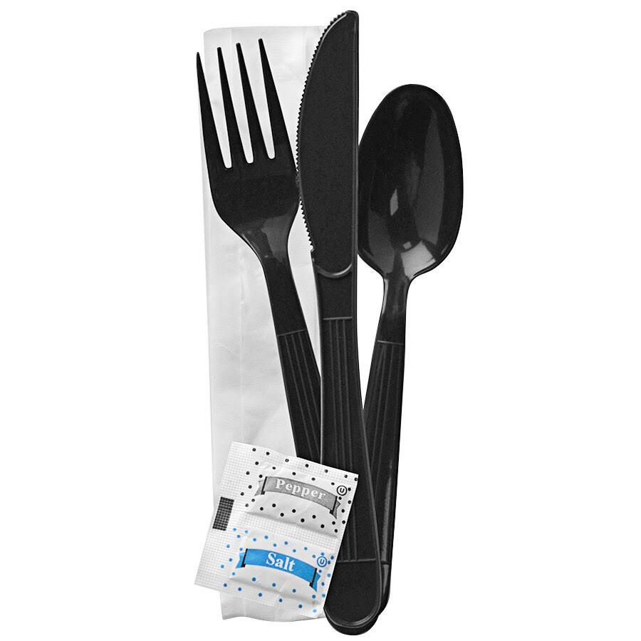 250 Ct. Disposable Wrapped Plastic Cutlery Set with Napkin, Salt & Pepper Packets J82083