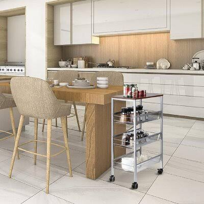 Silver Rolling Kitchen Cart with Wood Look Top and Metal Frame K63047