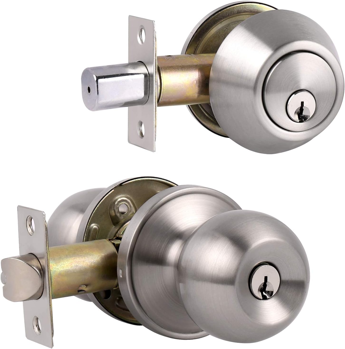 Keyed Alike Entry Knob and Deadbolt Set Satin Nickel, Single Cylinder Handleset Combo Pack, 3 Sets Pack of 2 E405
