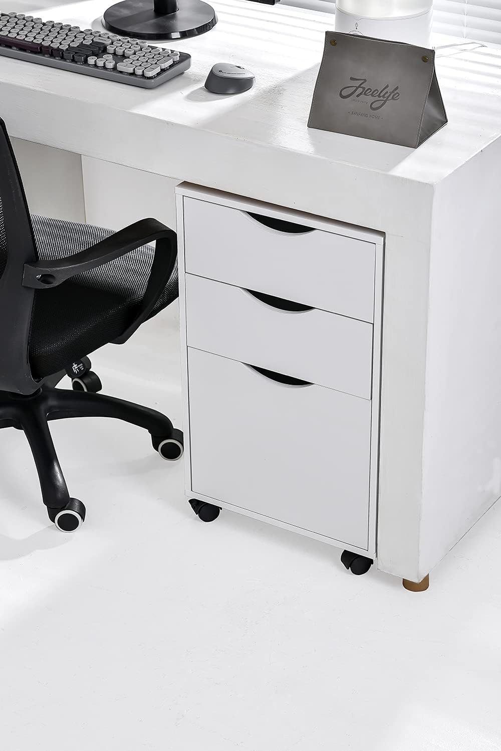 White 3 Drawer Wooden Mobile Filing Cabinet with Wheels V871