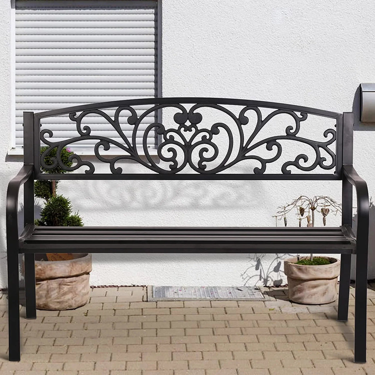 Black Steel Patio Bench with Back and Cast Iron Armrest I119150