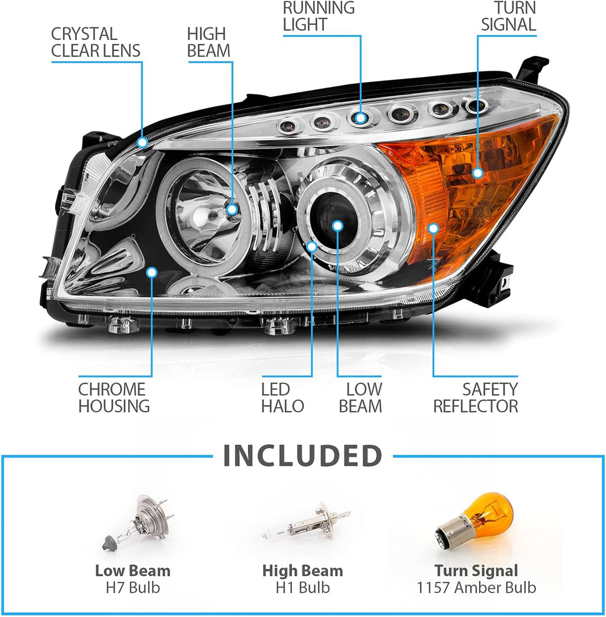 Chrome Dual LED Halo Projector Headlights Set for Toyota Rav4 K204550