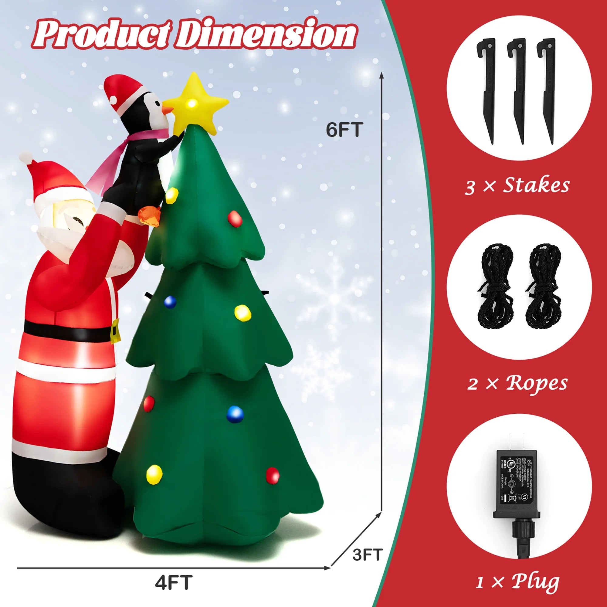 6FT Christmas Inflatable Tree Santa Claus & Penguin Decor with LED Lights E946758