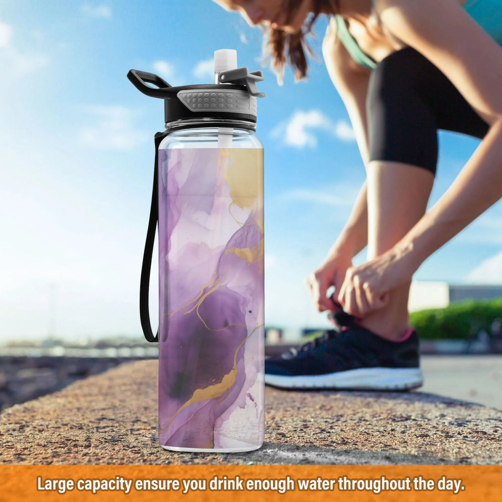 Purple and Gold Marble 32oz Tritan Leakproof Water Bottle with Straw Q755871