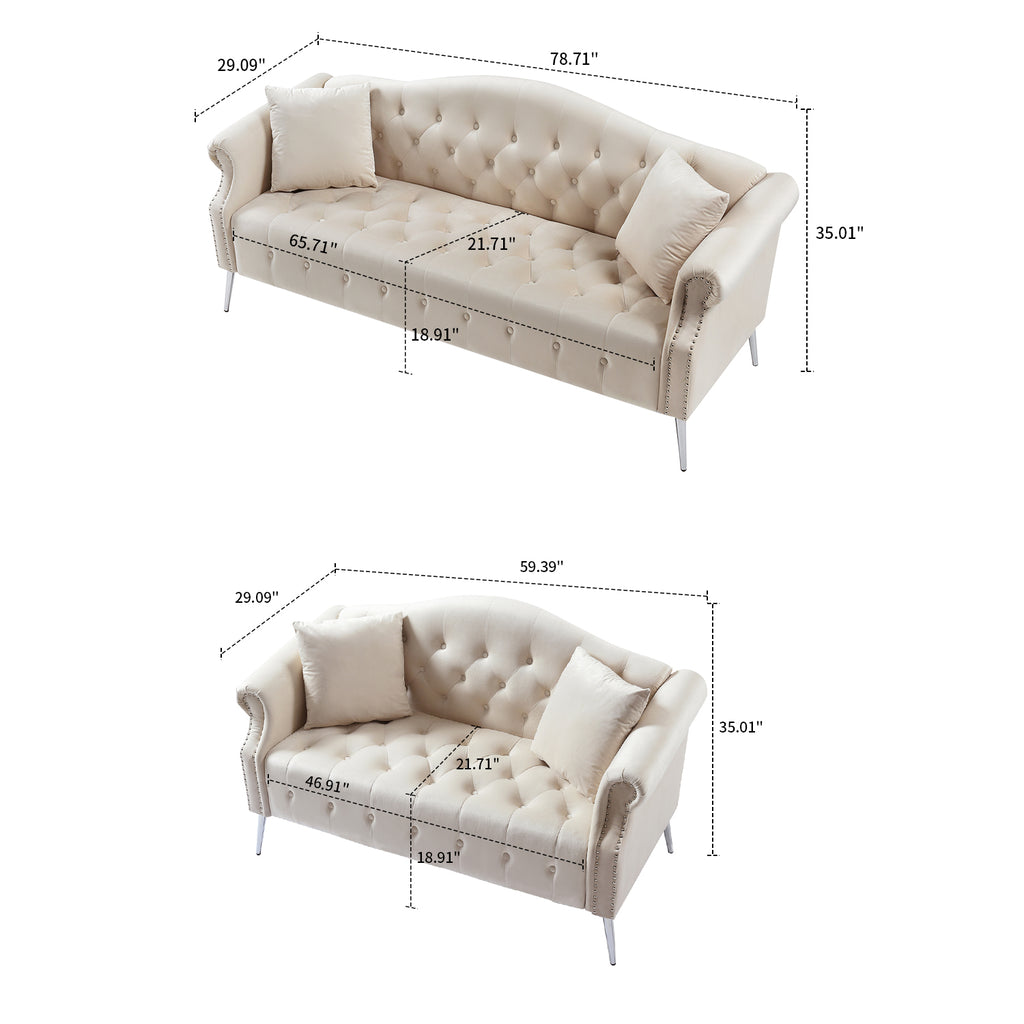 Beige Velvet Fabric Button Tufted Sofa with Roll Armrest and Metal Legs W48084