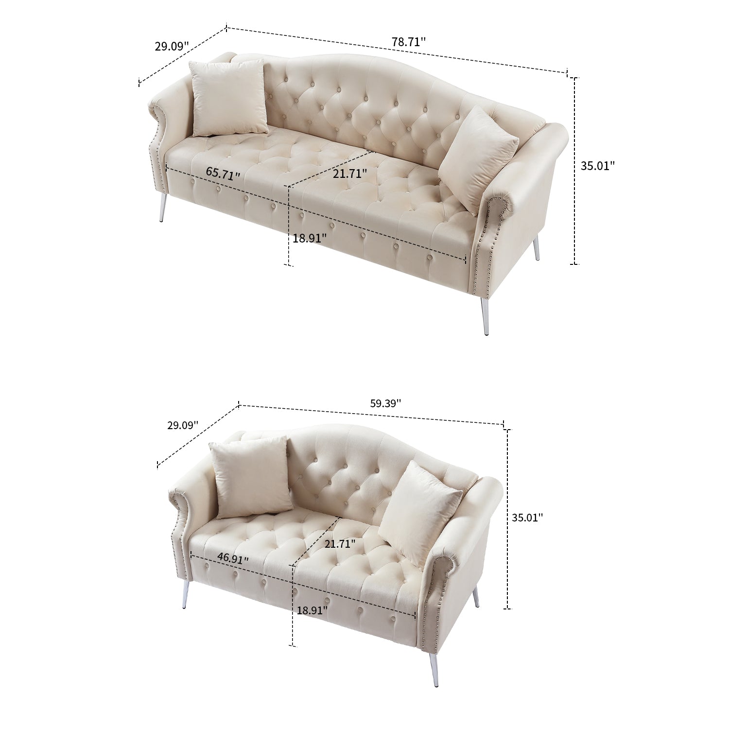 Beige Velvet Fabric Button Tufted Sofa with Roll Armrest and Metal Legs W48084