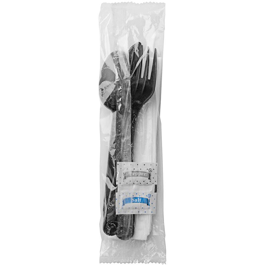 250 Ct. Disposable Wrapped Plastic Cutlery Set with Napkin, Salt & Pepper Packets J82083