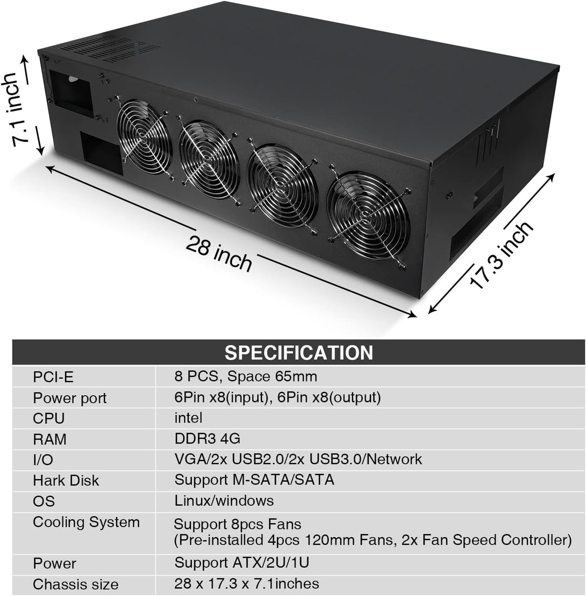 8 Ports GPU Mining Frame Case with 8 Cooling Fans Q572