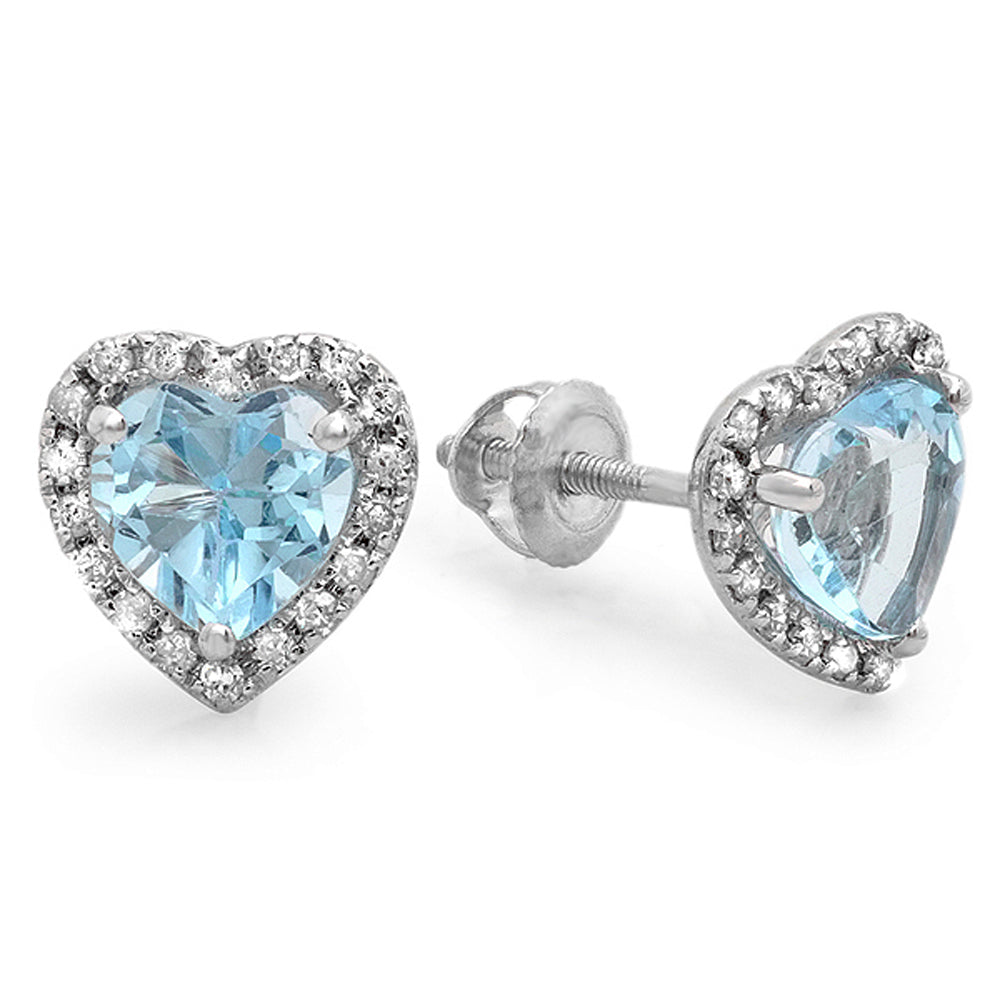 18K White Gold Heart Shape Blue Topaz Diamond Halo Stud Earrings S873