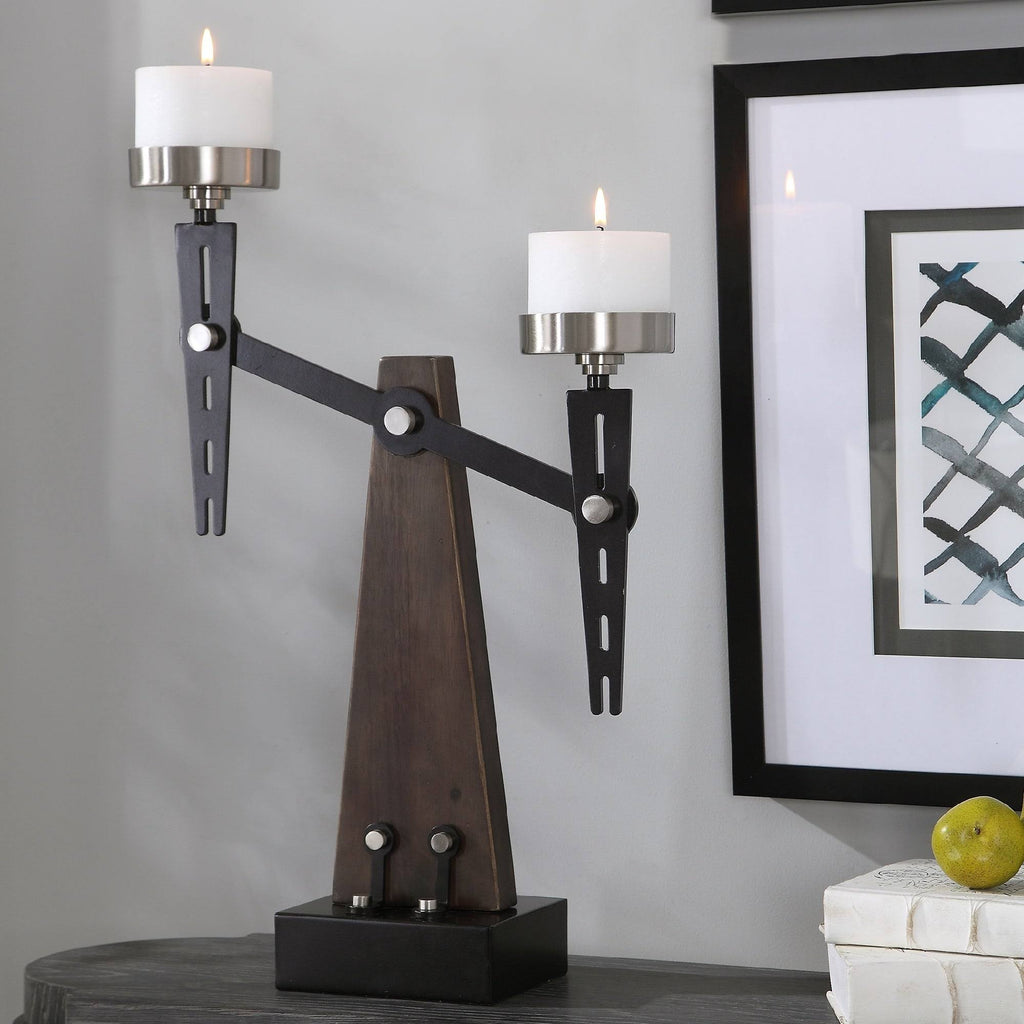 Industrial Style Wood and Metal Candle Holder with Candles W34199