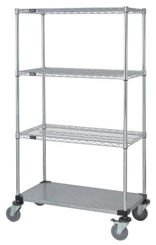 Chrome Wire Shelving Cart with 3-Wire Shelf and 1-Solid Shelf V94239