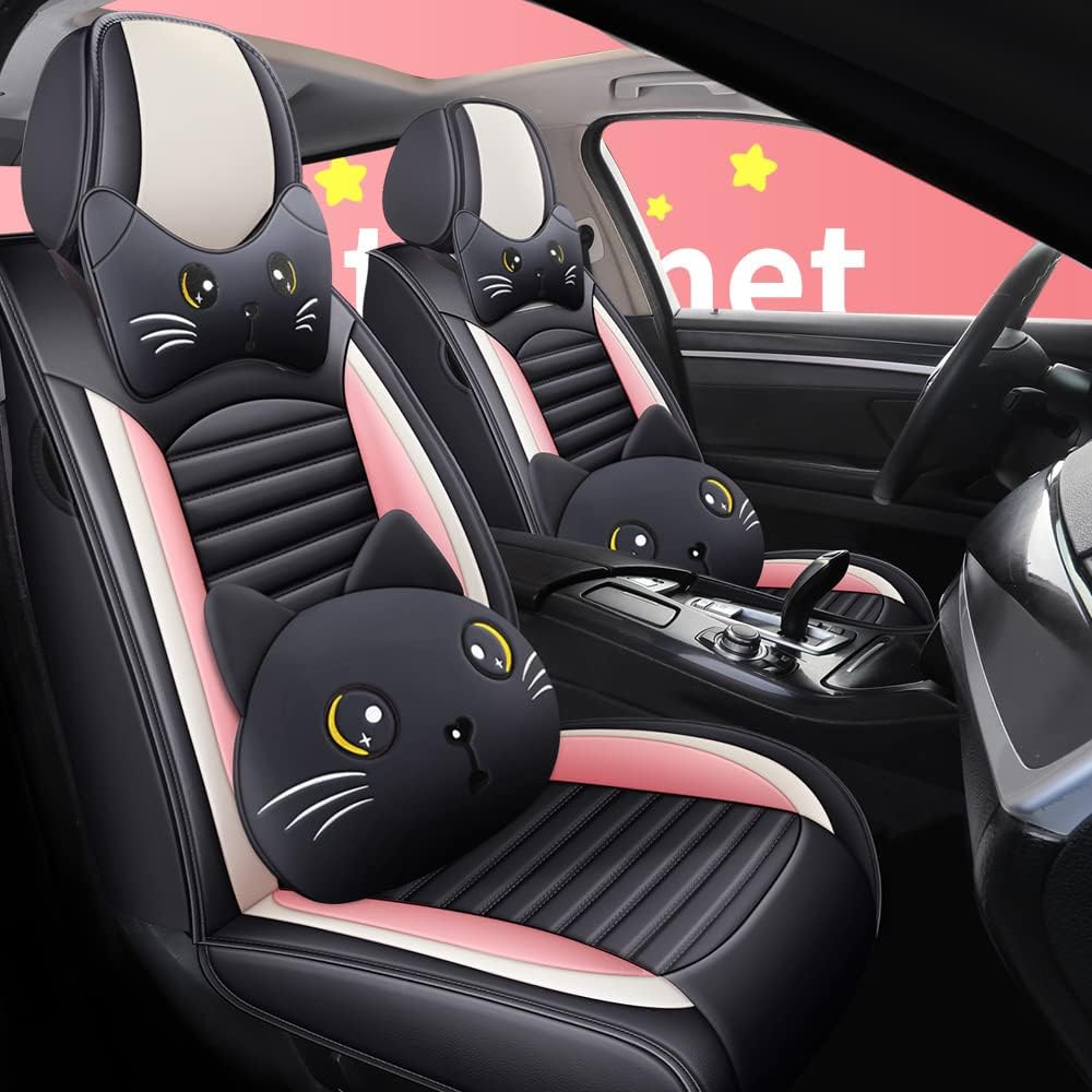Black-Pink PU Leather Car Seat Cover 5-Seats J8674
