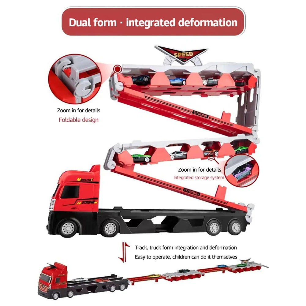 Mega Hauler Truck with Ejection Race Track, Folding Storage Transporter Toy with 8 Cars L30821