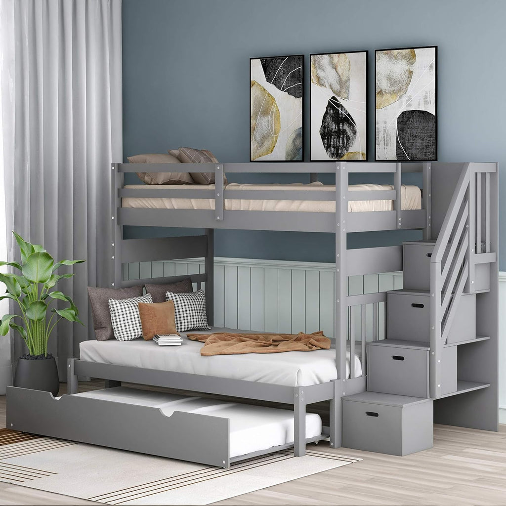 Twin Over Pull-Out Bunk Bed with Two Drawers Wooden Gray D5631