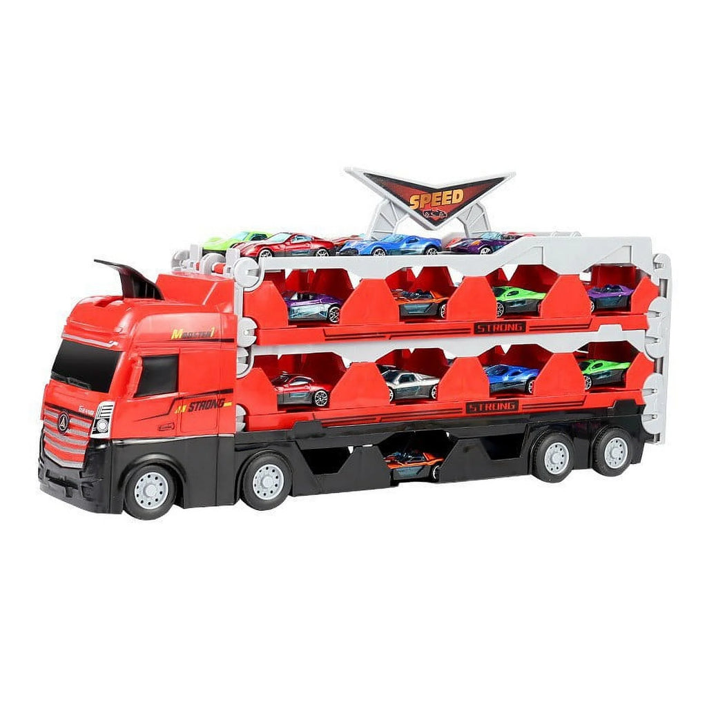 Mega Hauler Truck with Ejection Race Track, Folding Storage Transporter Toy with 8 Cars L30821