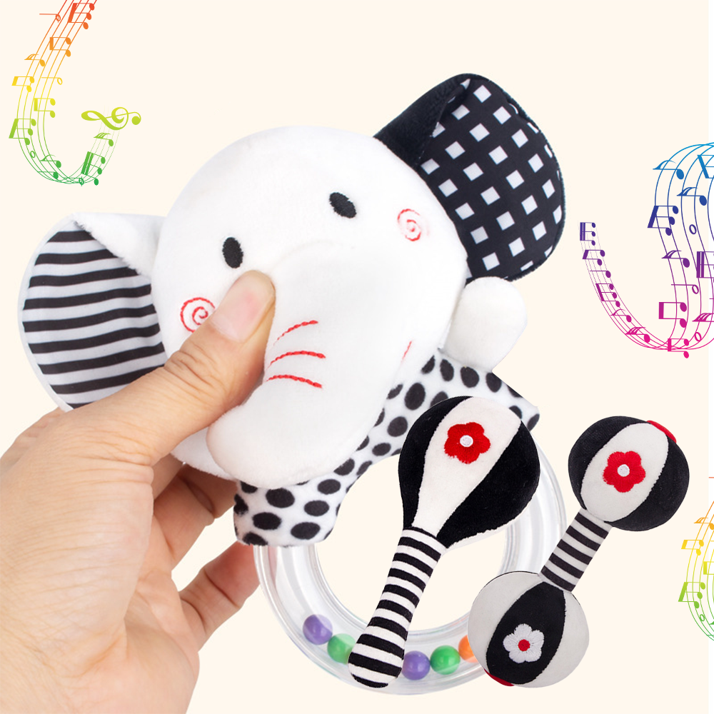 3PCS Soft High Contrast Black and White Plush Baby Rattles N701