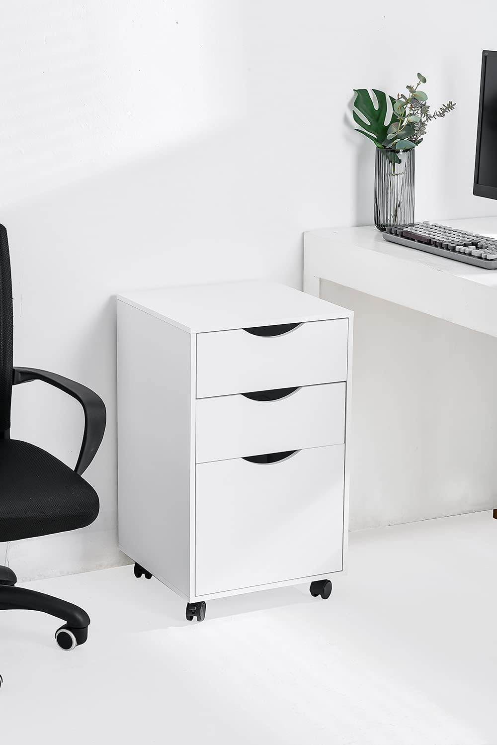 White 3 Drawer Wooden Mobile Filing Cabinet with Wheels V871