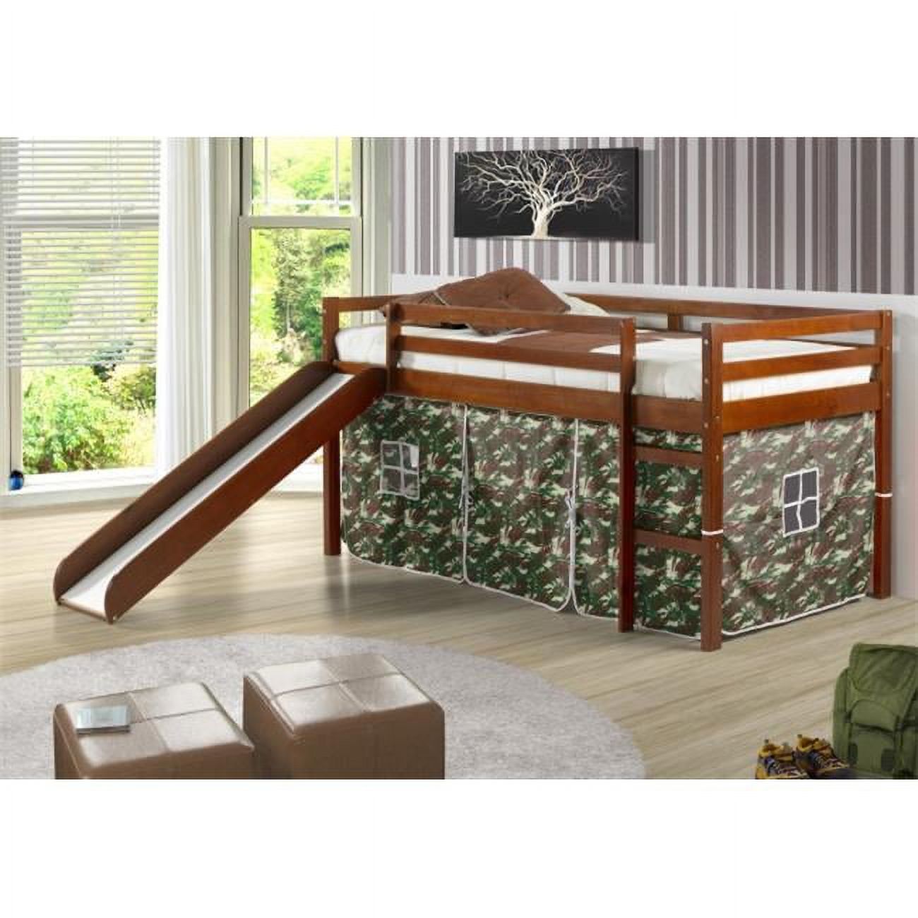 Twin Size Tent Loft with Slide & Slat-Kits Mattress Ready Light Espresso & Camo A2021
