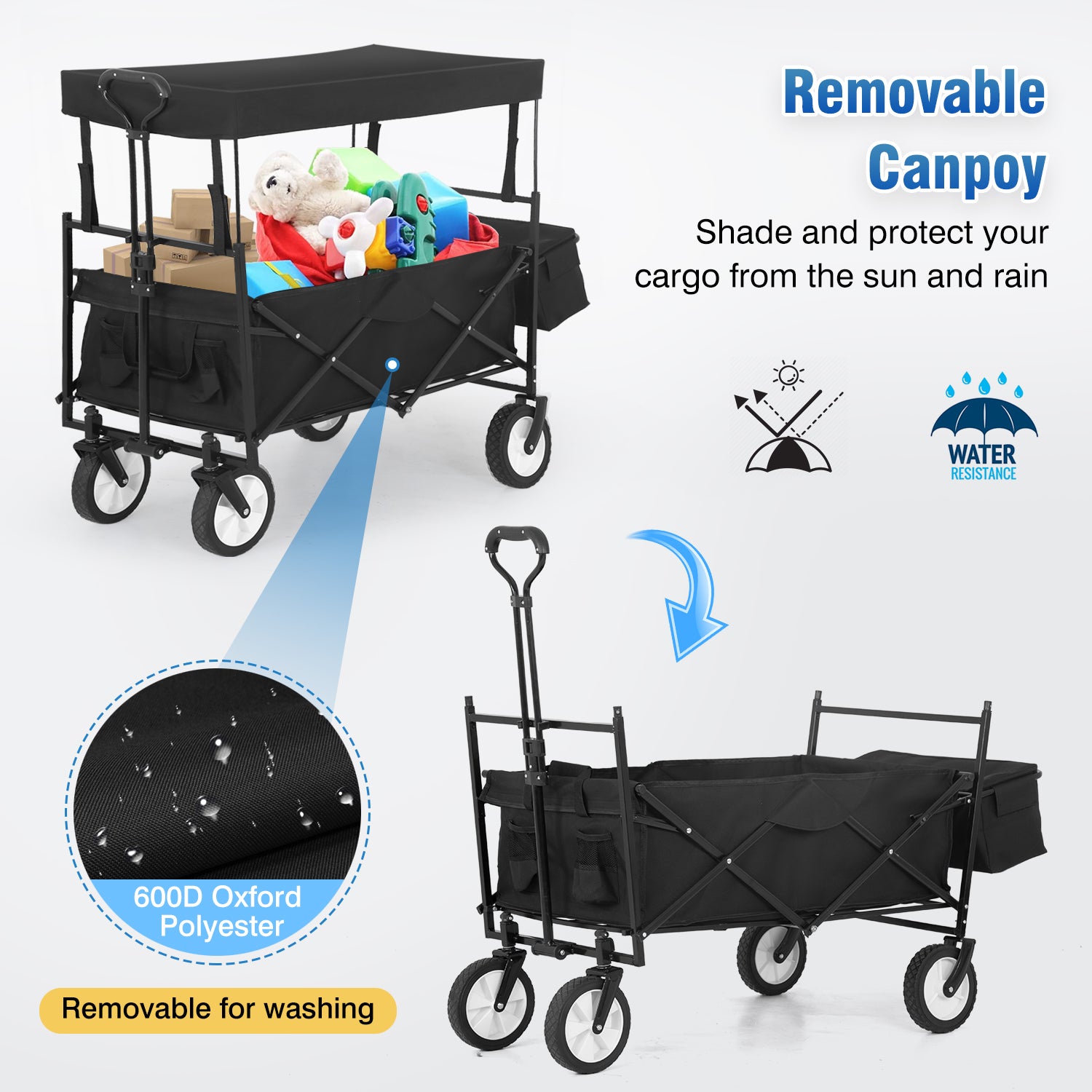 Black Folding Wagon Cart with Removable Canopy X577365