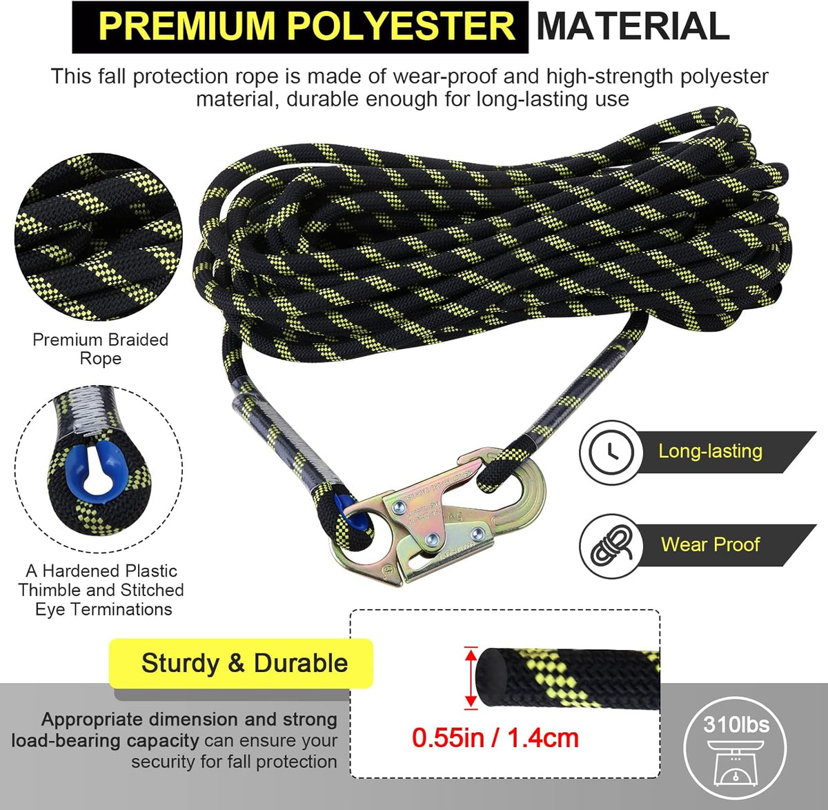 Rope Assembly 25 ft with Rope Grab Snap Hooks Shock Absorber CE Standard I2508