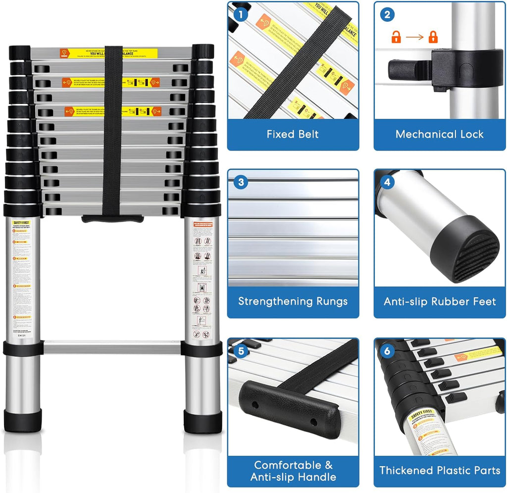 Telescoping Ladder, 12.5FT Aluminum Extension Ladder with Non-Slip Feet, 330lbs Capacity V63483
