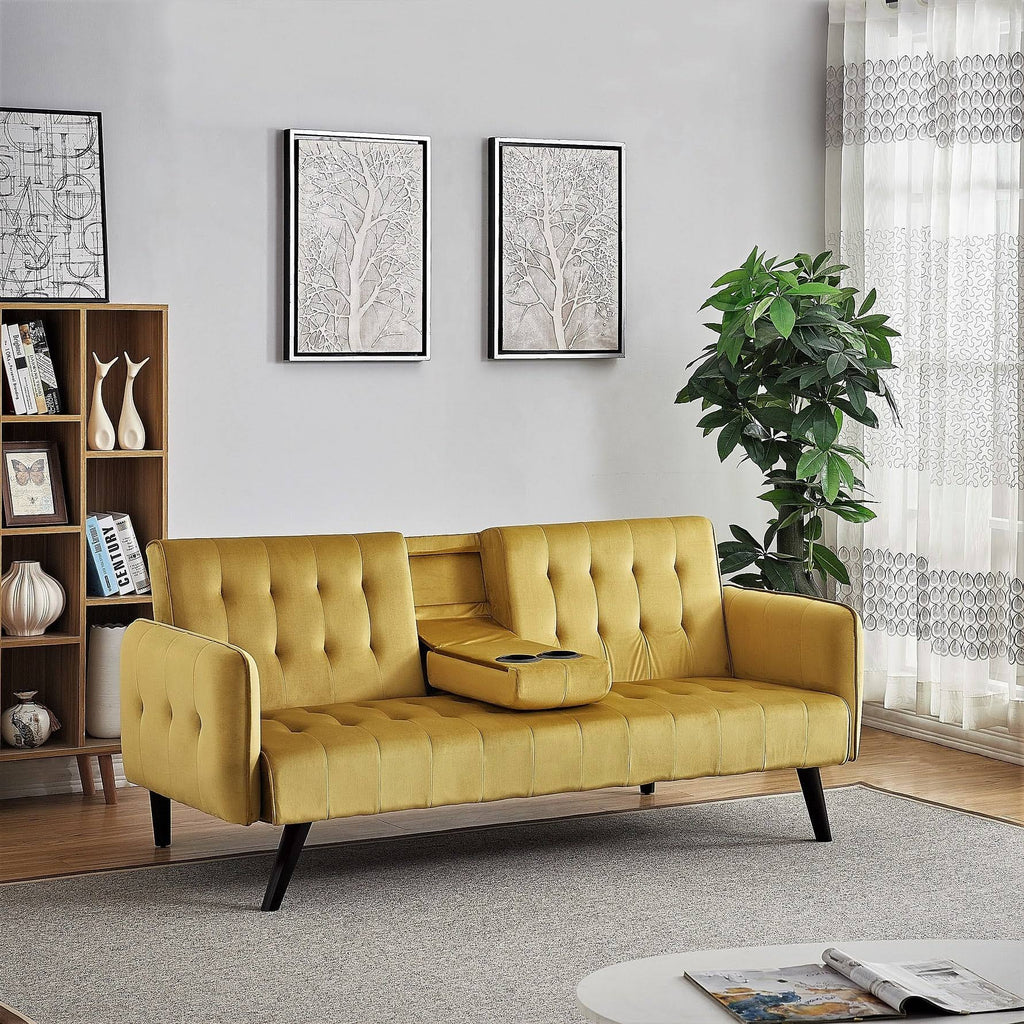 Yellow Tufted Convertible Velvet Sofa Bed with Cup Holder P329