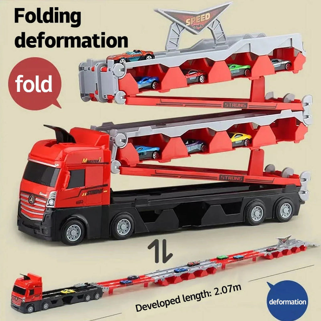 Mega Hauler Truck with Ejection Race Track, Folding Storage Transporter Toy with 8 Cars L30821