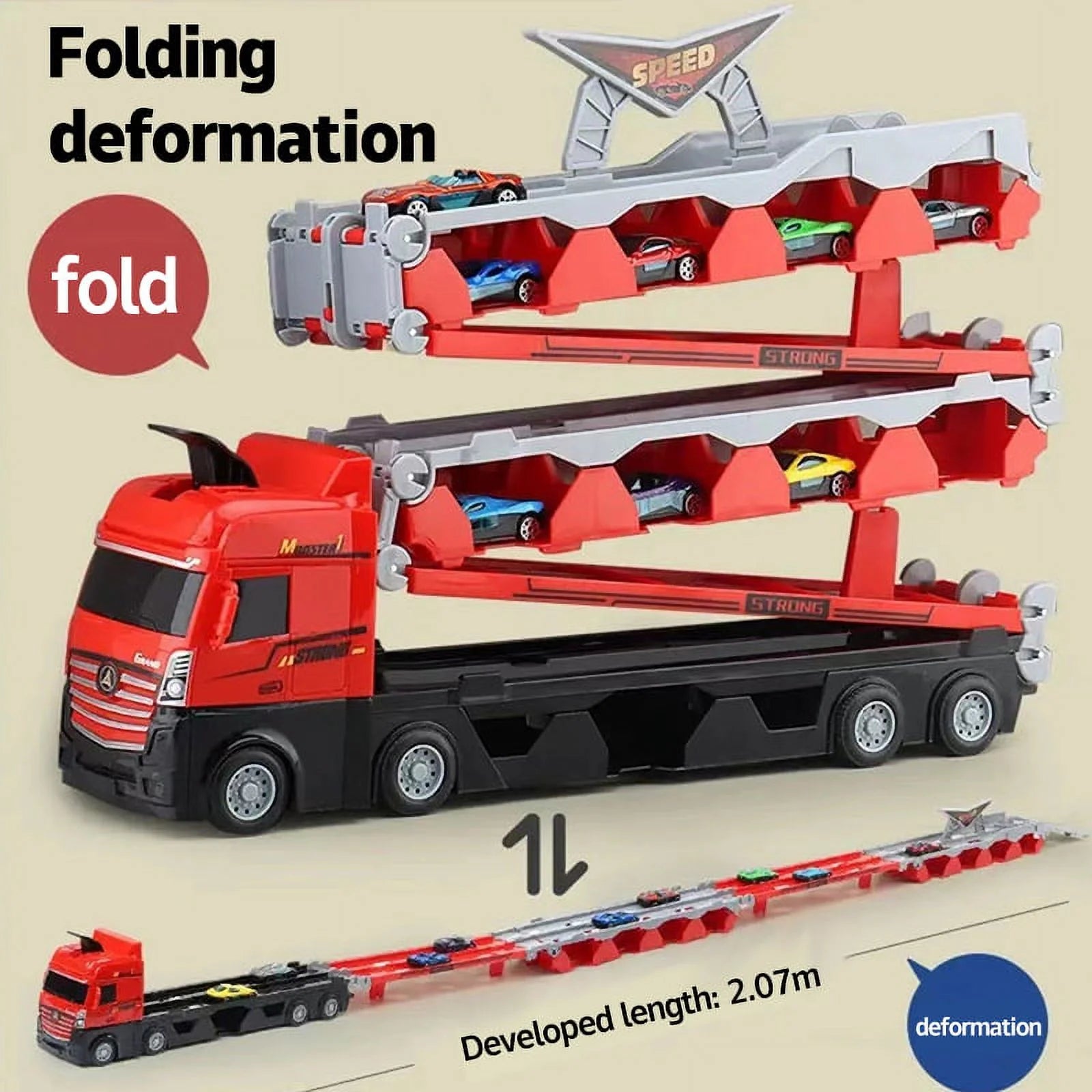 Mega Hauler Truck with Ejection Race Track, Folding Storage Transporter Toy with 8 Cars L30821