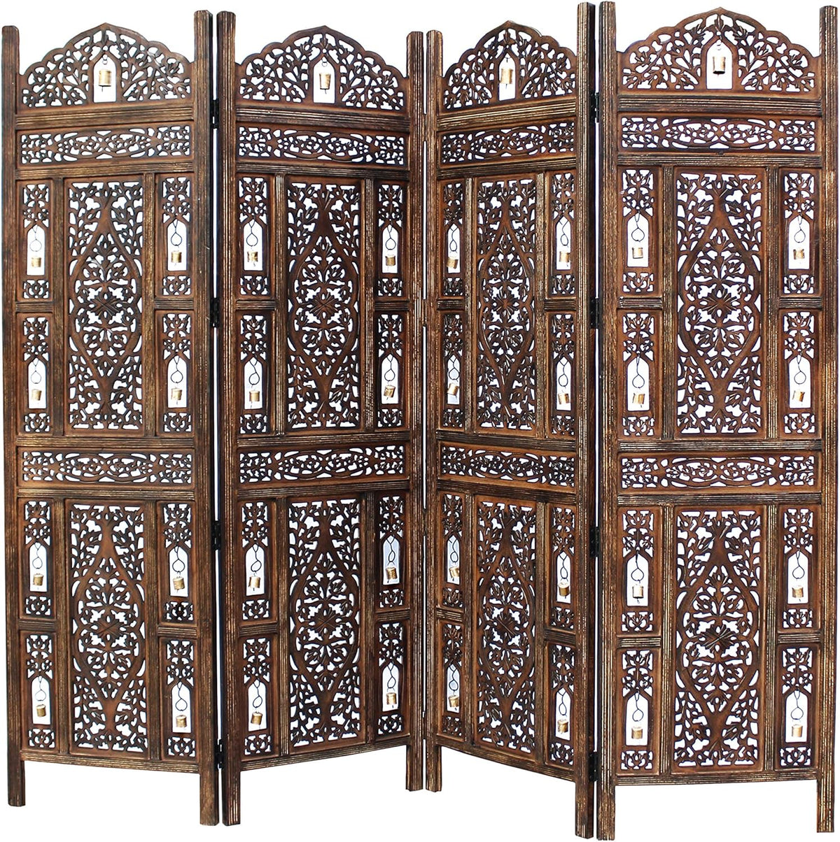 Antique Brown 4 Panel Handcrafted Wood Room Divider Screen J774