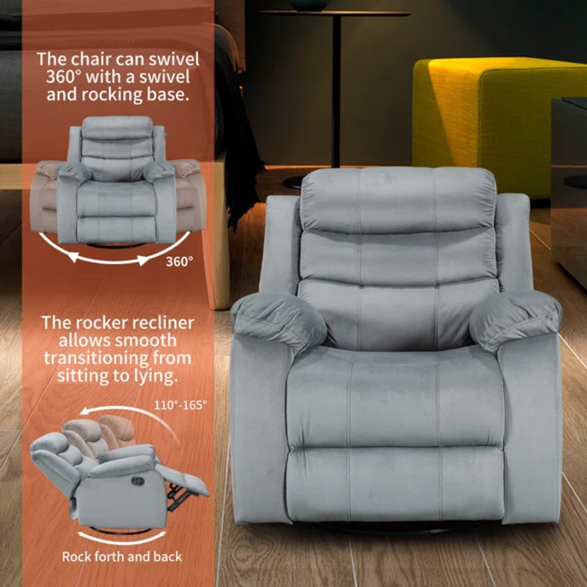 Gray Velvet Swivel Rocking Recliner Chair S54225