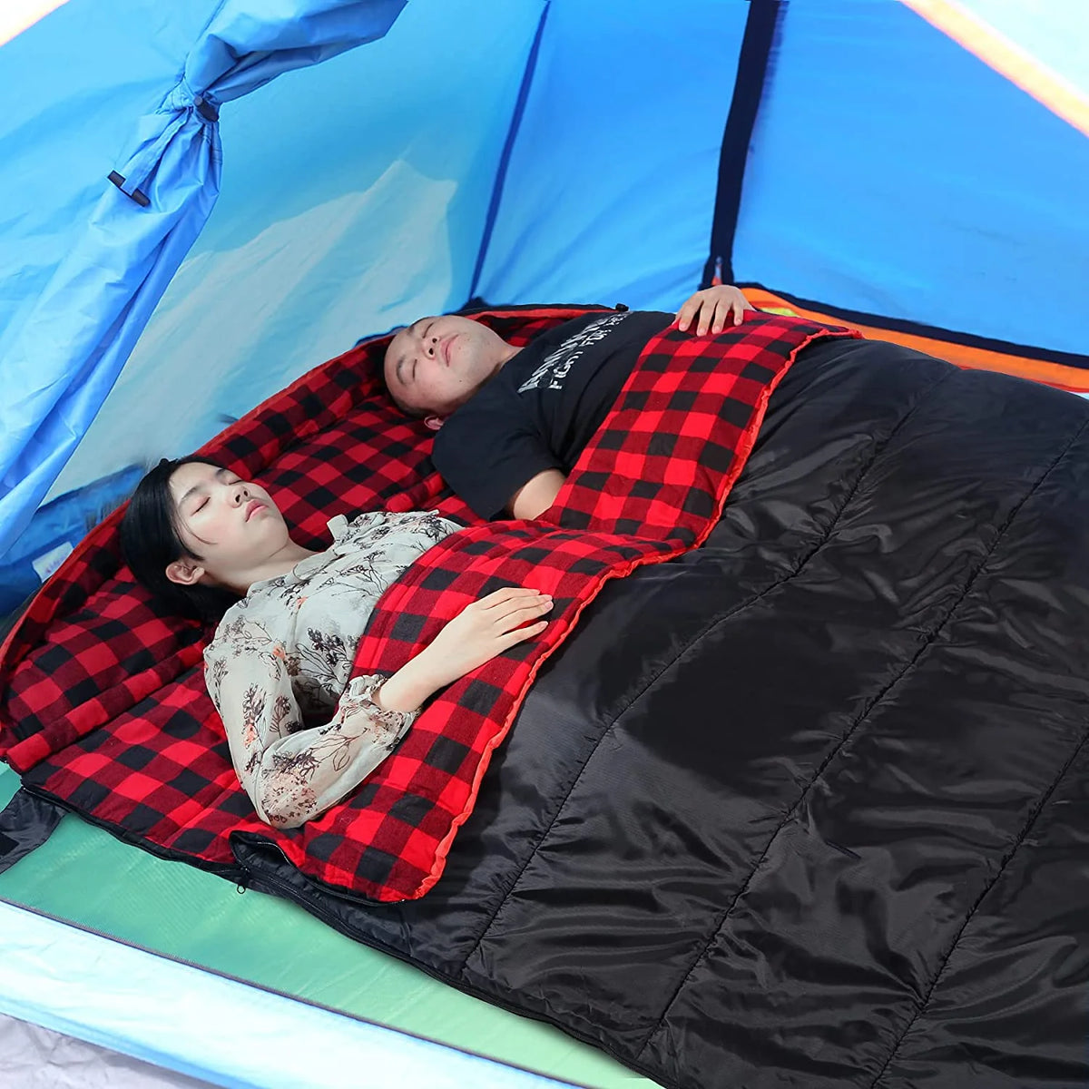Cotton Double Sleeping Bag, Queen Size, Black/Navy Blue I116