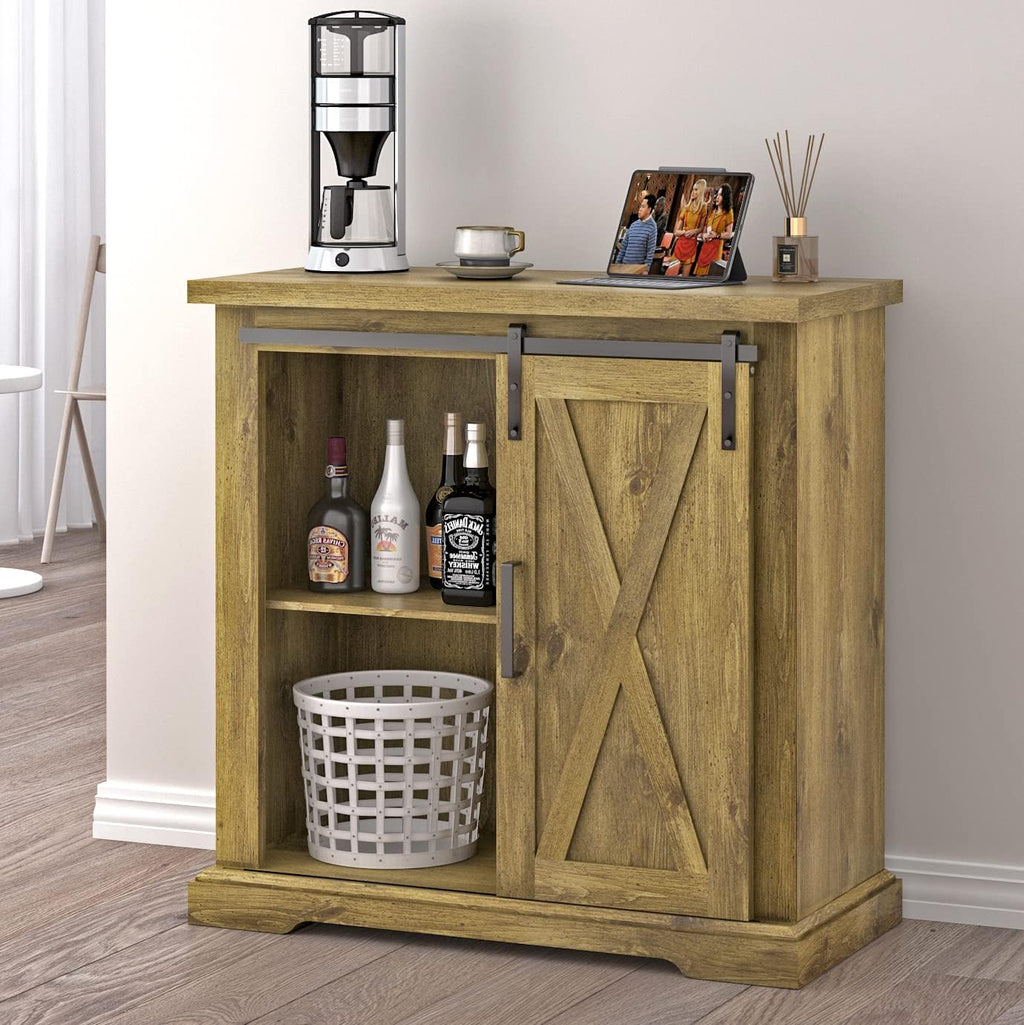 Farmhouse Accent Cabinet with Sliding Barn Door & 4 Adjustable Shelves, Rustic Walnut N87673