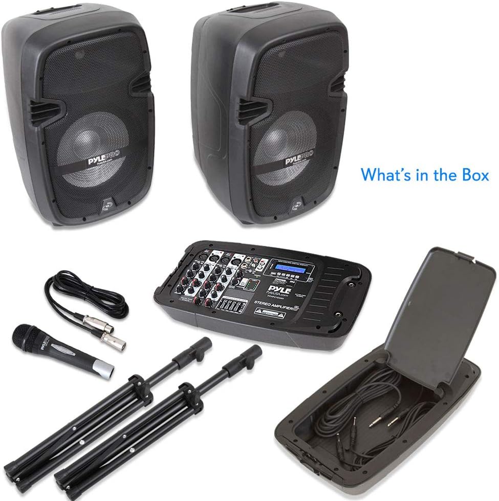 Black Portable Wireless Bluetooth PA Speaker DJ Mixer Bundle with Dual Speaker, Mixer, Microphone, Stand, Cable J1603