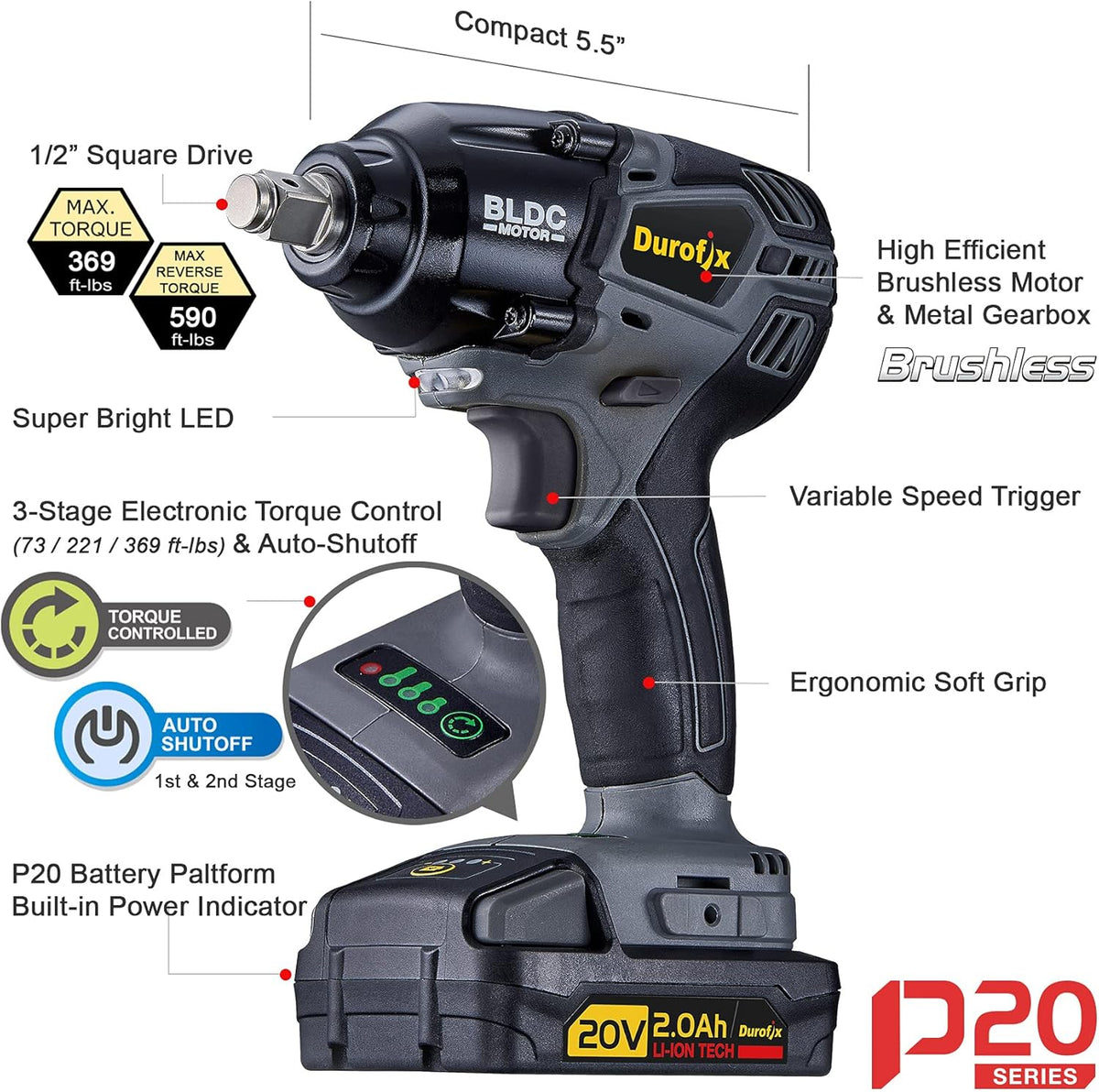 20V Cordless Brushless Impact Wrench Tool Kit M711