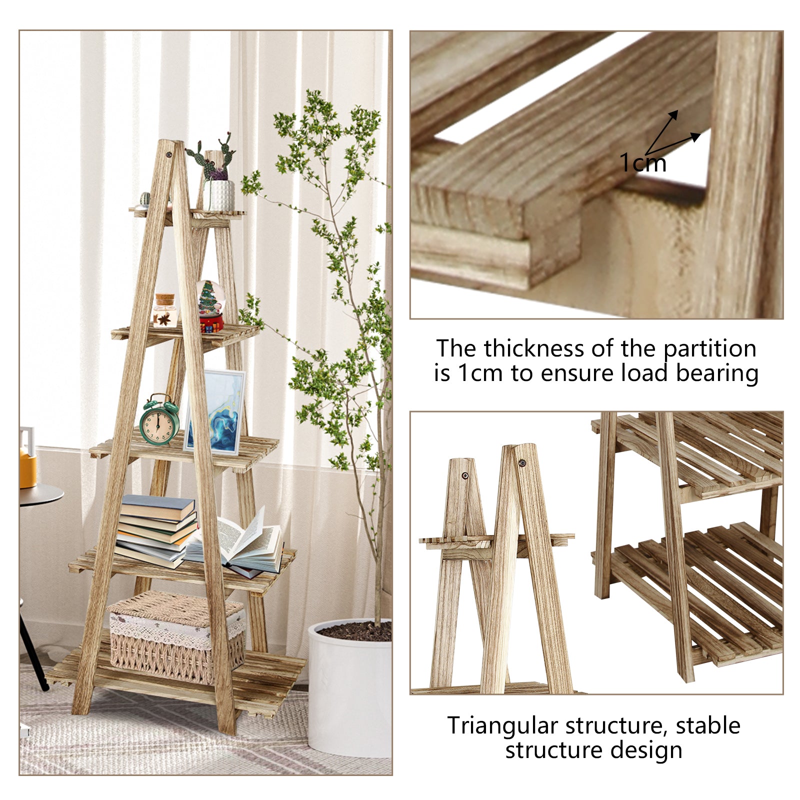 5-Tier Ladder Shelf Bookcase Storage Display Shelf Natural H148