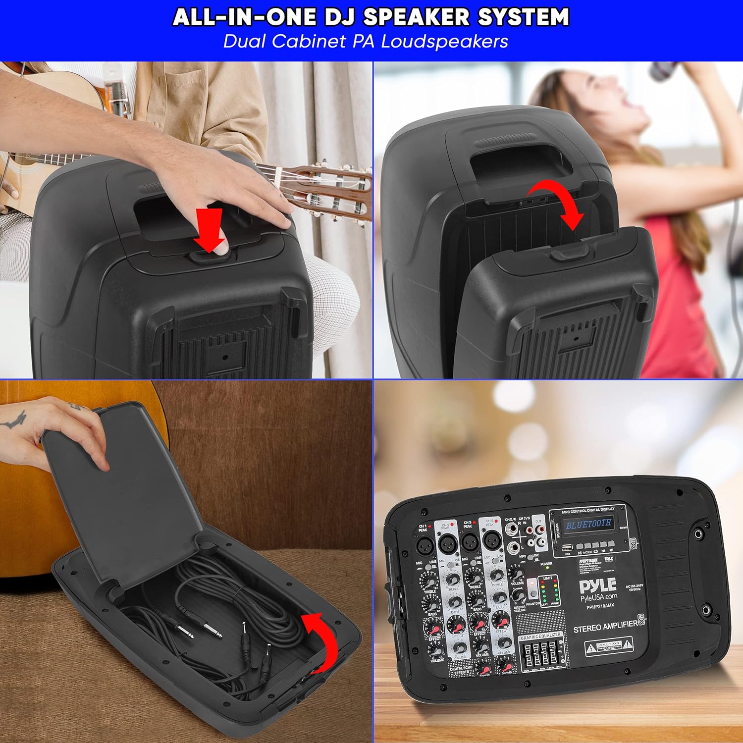 Black Portable Wireless Bluetooth PA Speaker DJ Mixer Bundle with Dual Speaker, Mixer, Microphone, Stand, Cable J1603