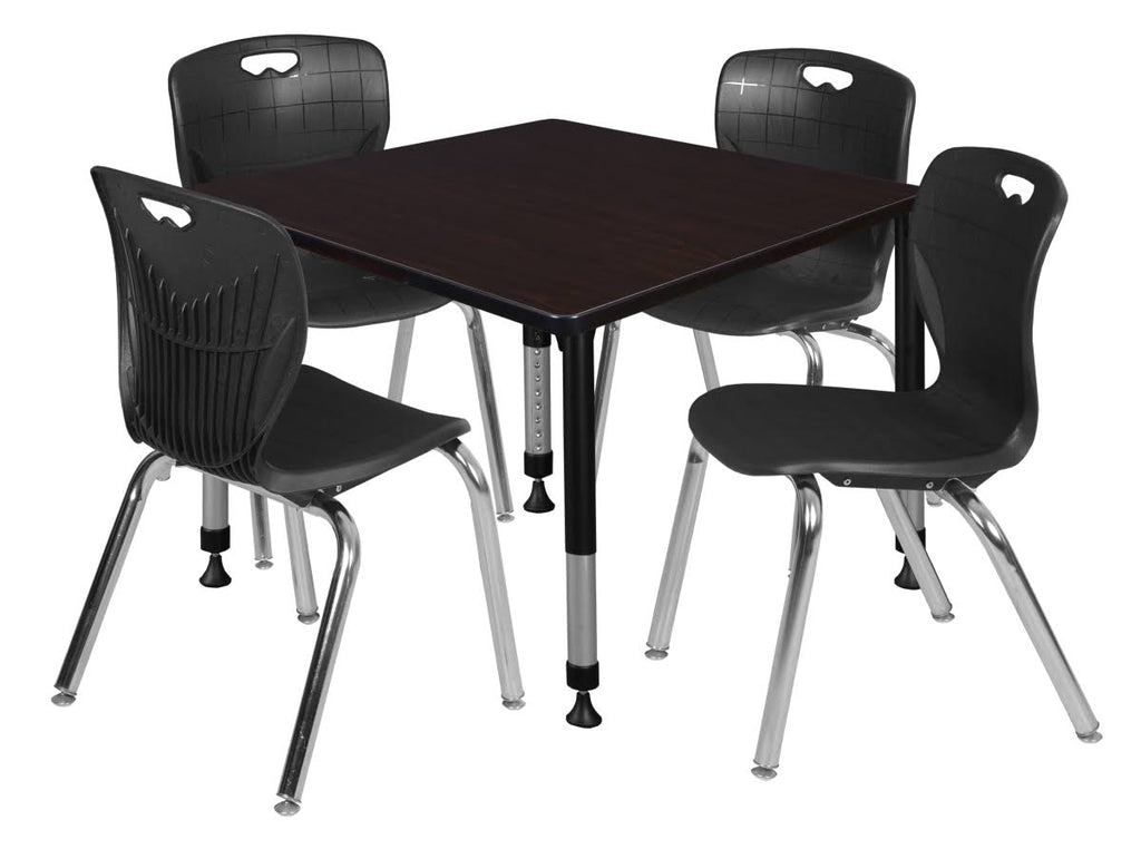 42 in. Square Height Adjustable Classroom Table with 4 Stack Chairs Mocha Walnut S3281